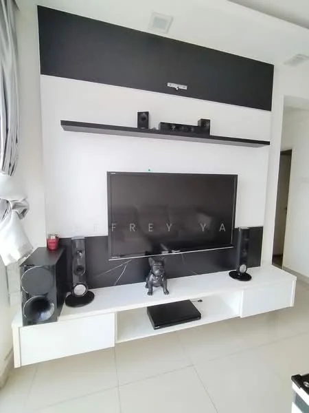 Living features: white wall with black accent panel, mounted flat-screen TV, white media console, black speakers, decorative figurine, grey curtains, recessed lighting, tile flooring; style: modern.