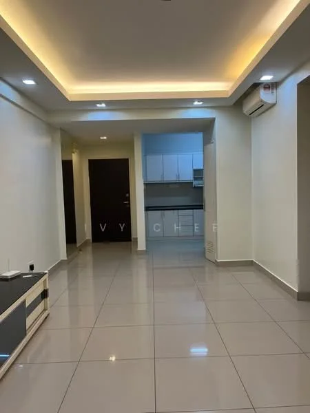 Room features: glossy tile flooring, white painted walls, recessed downlights, air conditioning unit, open layout, neutral color scheme, ceiling with cove lighting, doorway leading to kitchen, doorway leading to hallway; style: modern.