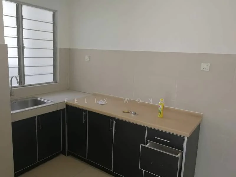 Kitchen features: single-bowl stainless-steel sink, chrome faucet, laminate countertop in beige, black cabinetry with flat-panel doors, tile backsplash, ceramic tile flooring, window with horizontal slats, built-in cabinet with drawer; style: modern.