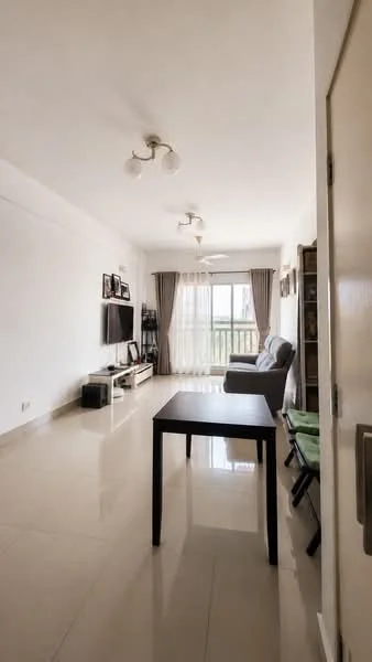 Living features: white painted walls, glossy ceramic tile flooring, recessed downlights, 3-blade ceiling fan, large floor-to-ceiling windows, sheer curtains, TV console, wall-mounted TV, coffee table, grey fabric sofa, green folding chair, decorative wall art; style: modern; view: city.