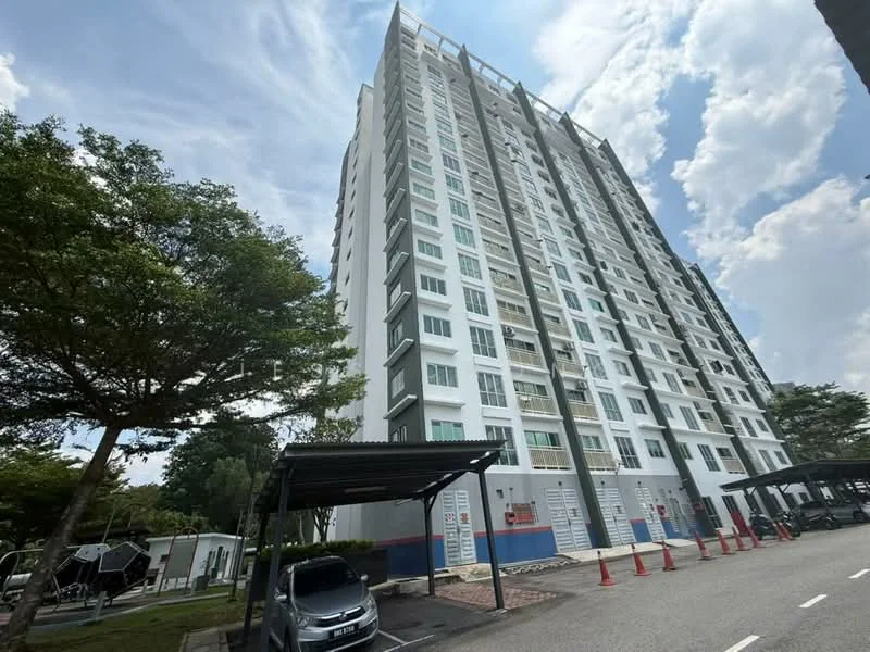 Exterior type: high-rise condominium; features: white painted facade, grey accent panels, balconies with glass railings, approximately 10-storey high-rise, covered parking area, manicured landscaping, surrounded by trees, driveway with interlocking pavers; style: modern.