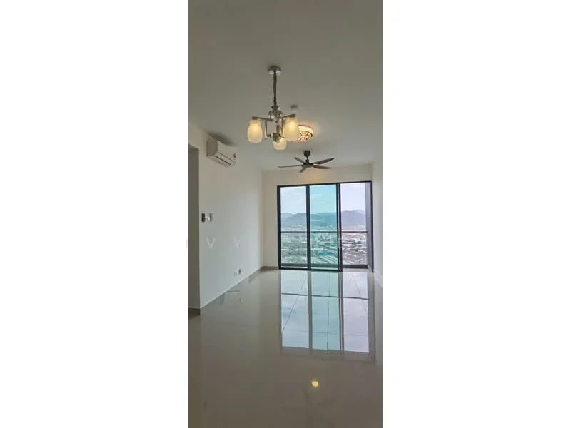 Living features: large floor-to-ceiling windows, city view, white painted walls, polished tile flooring, 5-blade ceiling fan with light, chandelier, wall-mounted split AC; style: modern; view: city.