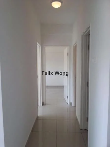 Hallway features: white painted walls, glossy ceramic tile flooring, ceiling light fixture, door frames, multiple doorways, neutral color scheme; style: modern.