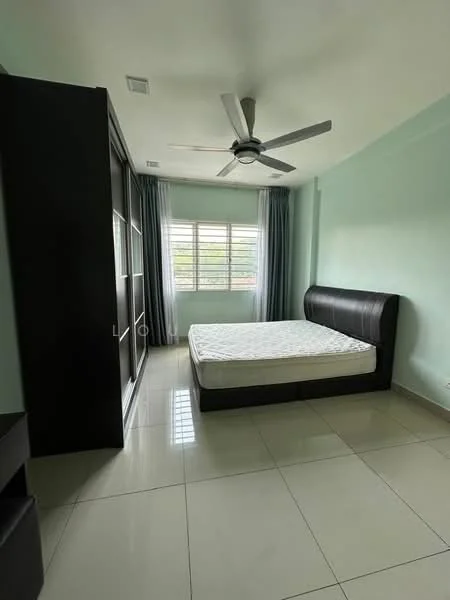 Bedroom features: queen-size bed, upholstered headboard, built-in wardrobe with sliding doors, 5-blade ceiling fan, white painted walls, light green accent wall, large window with sheer curtains, tile flooring; style: modern.