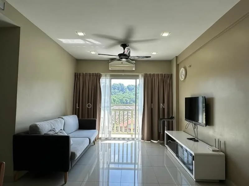 Living features: 3-seater fabric sofa in grey, floor-to-ceiling windows, sliding glass door, curtains, wall-mounted TV, TV console in white, recessed LED downlights, ceiling fan with light, glossy tile flooring, decorative wall clock, neutral painted walls; style: modern; view: garden.