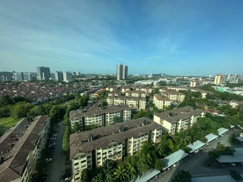 Exterior type: high-rise condominium; features: city skyline view, surrounded by greenery, multiple low-rise buildings, parking spaces visible, manicured lawns, modern architecture, nearby urban development; style: modern.