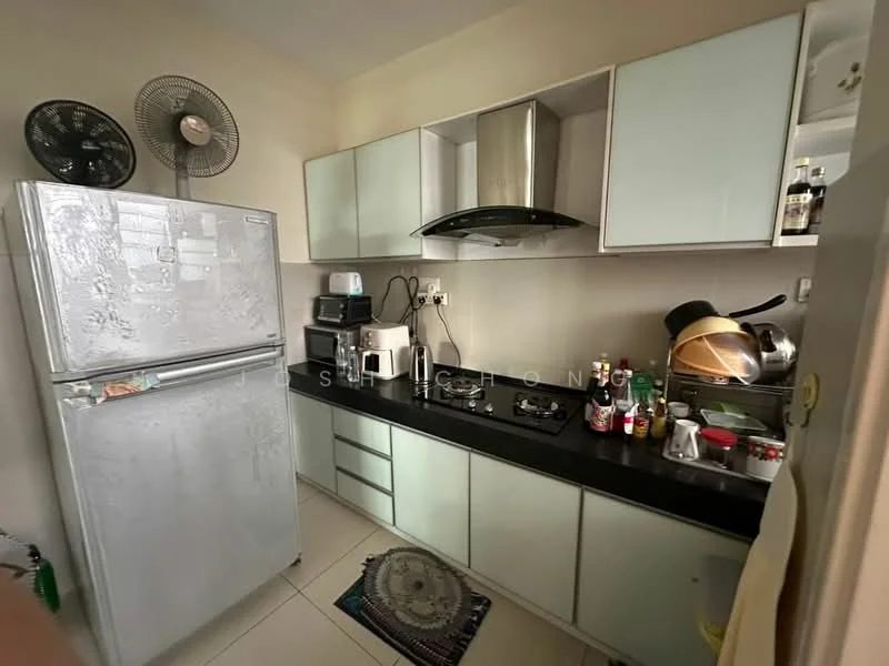 Kitchen features: stainless-steel fridge, built-in oven, freestanding range oven, black countertop, white cabinetry with glass fronts, kitchen sink, chrome pull-down faucet, exhaust hood, wall-mounted fan, ceramic tile flooring, microwave, kettle, various condiments and kitchenware; style: modern.