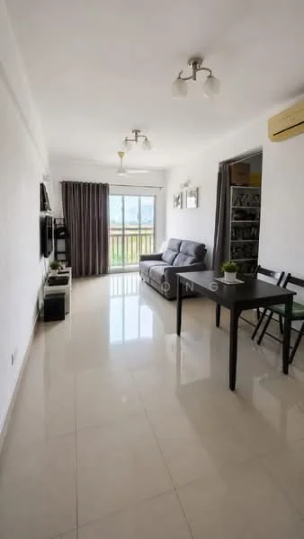 Living features: grey fabric sofa, black dining table, 4 black dining chairs, floor-to-ceiling windows, sliding glass door, curtains, wall-mounted TV, TV console, recessed ceiling lights, air conditioning unit, glossy tile flooring, decorative plant on table, bookshelf in background; style: modern; view: garden.