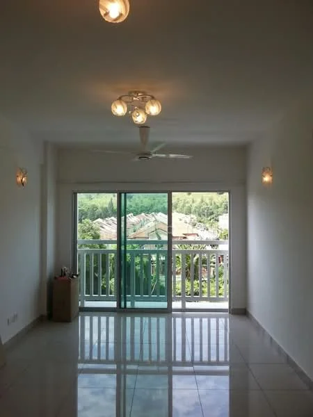 Living features: white painted walls, glossy tile flooring, 5-blade ceiling fan with light, sliding glass door, floor-to-ceiling windows, balcony view, recessed downlights, wall sconces; style: modern; view: garden.
