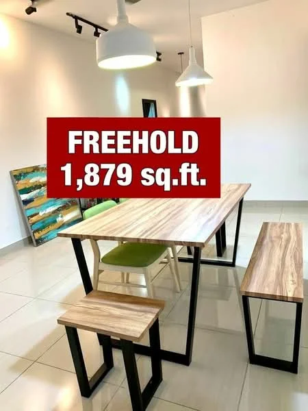Dining features: rectangular dining table with wooden top, metal legs on dining table, two benches with wooden tops, metal legs on benches, white pendant light fixture, white walls, light-colored tile flooring, decorative artwork on wall; style: modern.