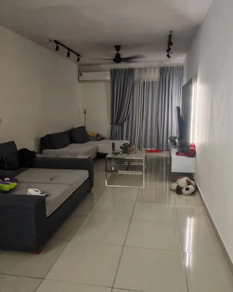 Living features: grey fabric L-shape sectional sofa, single armchair, glass coffee table, wall-mounted TV, floor-to-ceiling windows with sheer curtains, white painted walls, recessed downlights, polished ceramic tile flooring, 1 wall-mounted split AC, decorative houseplants, area rug, decorative stuffed animal; style: modern.
