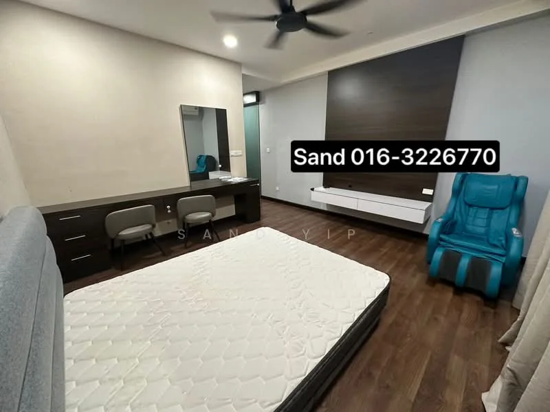 Bedroom features: queen-size bed, upholstered headboard, wooden flooring, ceiling fan, built-in wardrobe, dressing table with mirror, two upholstered chairs, wall-mounted TV console, decorative wall panel, curtains, LED lighting; style: modern.