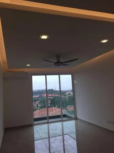 Room features: recessed downlights, 5-blade ceiling fan, floor-to-ceiling windows, sliding glass door, cream painted walls, polished tile flooring, air conditioning unit, view of surrounding landscape; style: modern; view: landscape.