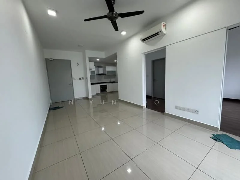 Room features: white painted walls, glossy ceramic tile flooring, 5-blade ceiling fan, wall-mounted split AC, recessed LED downlights, doorway leading to kitchen, doorway leading to another room, neutral color scheme; style: modern.