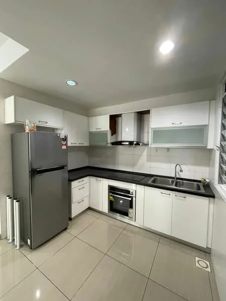 Kitchen features: grey stainless-steel fridge, built-in oven, double-bowl stainless-steel sink, chrome pull-down faucet, black countertop, white cabinetry with flat-panel doors, ceramic tile flooring, recessed downlights, window with grille, wall-mounted range hood; style: modern.