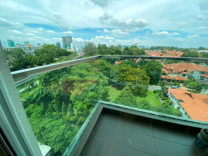 Room features: glass railing, tile flooring, city skyline view, garden view, outdoor space, greenery, sunny weather, balcony; style: modern; view: city.