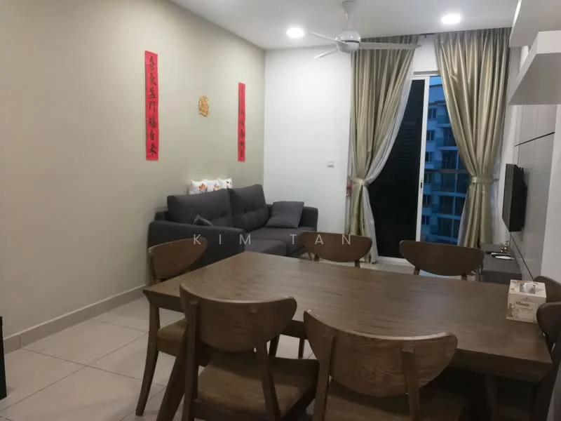 Living features: grey fabric sofa, ceiling fan, wall-mounted TV, dining table with wooden finish, 4 wooden dining chairs, light-colored walls, large sliding glass door, curtains in light fabric, decorative wall art, tile flooring; style: modern.