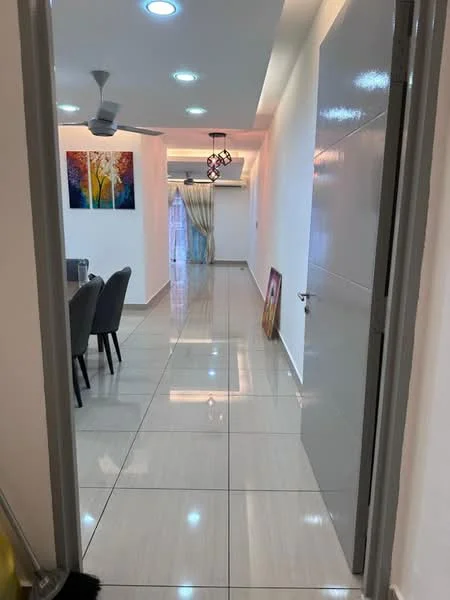 Room features: glossy tile flooring, white painted walls, recessed downlights, 5-blade ceiling fan, dining table with chairs, decorative artwork on wall, curtains, doorway leading to another room; style: modern.