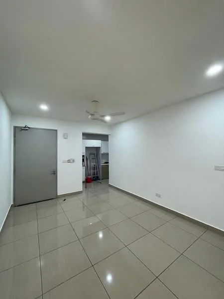 Room features: white painted walls, glossy ceramic tile flooring, ceiling fan, single door, light switches, power outlets, no visible furniture, neutral color scheme; style: modern.