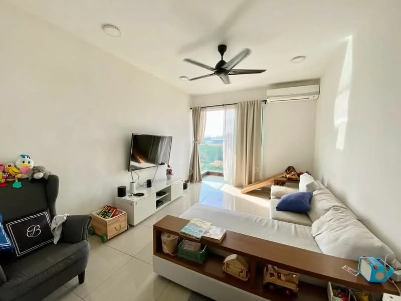 Living features: white painted walls, tile flooring, 5-blade ceiling fan with light, floor-to-ceiling windows, sliding glass door, curtains, wall-mounted TV, TV console, sofa, coffee table, decorative toys, air conditioning unit; style: modern; view: city.