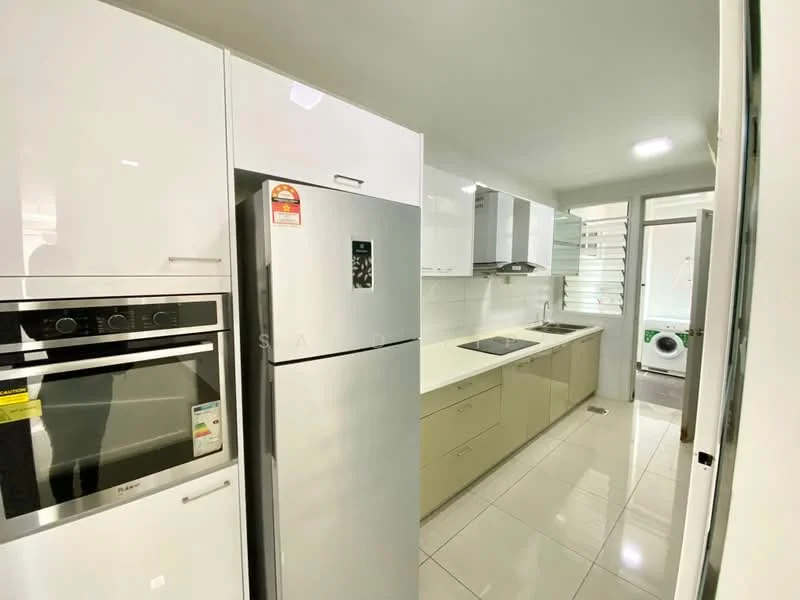 Kitchen features: white cabinetry, grey lower cabinets, stainless-steel fridge, built-in oven, microwave, single-bowl stainless-steel sink, chrome pull-down faucet, white countertop, ceramic tile flooring, recessed LED downlights, window with horizontal slats, open layout; style: modern.