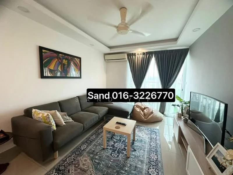 Living features: 3-seater fabric sofa in grey, coffee table, TV console, wall-mounted TV, area rug with intricate pattern, ceiling fan, floor-to-ceiling windows, curtains, decorative artwork on wall, potted plant; style: modern; view: city.
