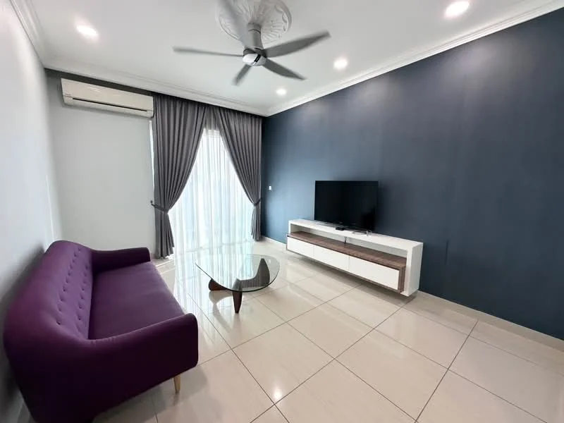 Living features: purple fabric sofa, glass coffee table, white TV console, wall-mounted TV, floor-to-ceiling windows, sheer curtains, grey accent wall, cream tiled flooring, 1 wall-mounted split AC, ceiling fan with light, crown moulding; style: modern.
