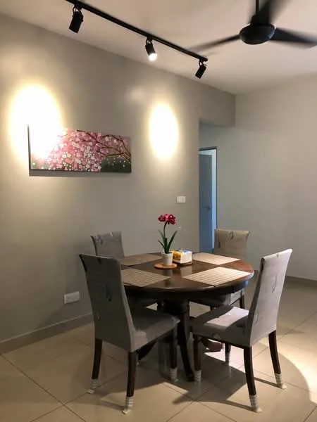 Dining features: round wooden dining table, 4 upholstered dining chairs in grey, wall-mounted light fixtures, light grey painted walls, cream tile flooring, decorative artwork with floral design, ceiling fan, table centerpiece with flowers; style: modern.