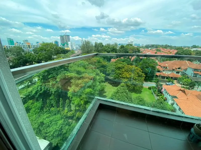 Room features: glass railing, tile flooring, city skyline view, greenery view, outdoor space, balcony, clear blue sky, clouds; style: modern; view: city.