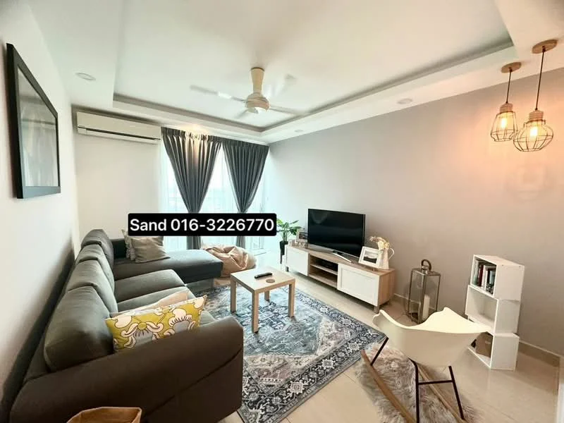 Living features: grey fabric L-shape sectional sofa, decorative throw pillows, wooden coffee table, area rug with geometric pattern, wall-mounted TV, white TV console, floor-to-ceiling windows with sheer curtains, 5-blade ceiling fan with light, hanging pendant lights, decorative plant in ceramic pot, built-in shelving unit, grey painted walls, light wood flooring; style: modern; view: city.