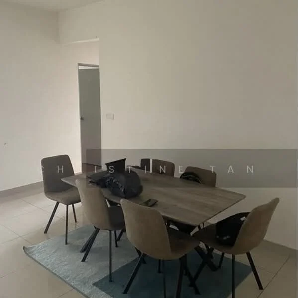 Dining features: 6-seater dining table, fabric dining chairs in beige, light grey area rug, white painted walls, tile flooring, natural light from nearby window, minimalist decor; style: modern.