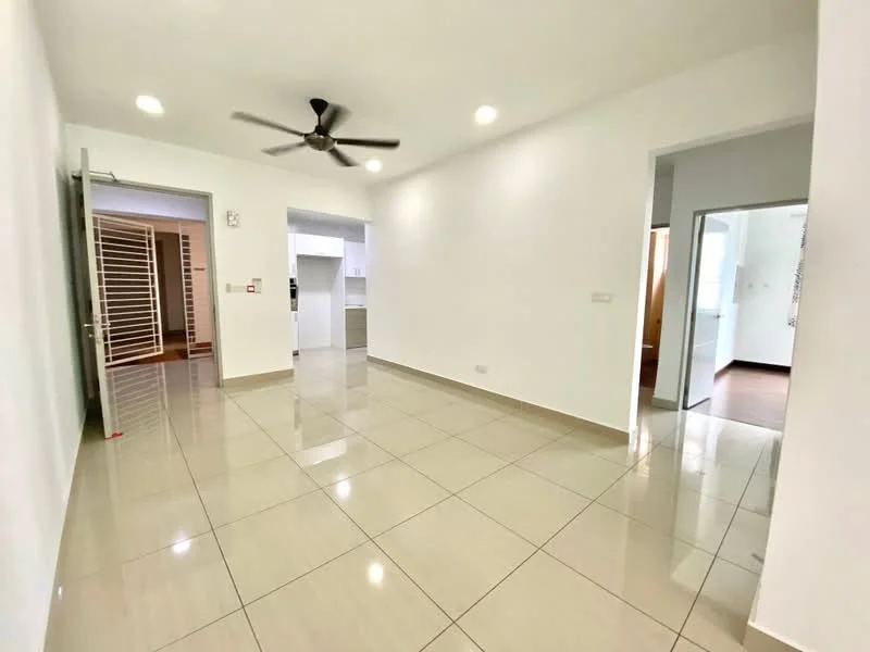 Living features: white painted walls, glossy ceramic tile flooring, 5-blade ceiling fan with light, recessed downlights, doorway leading to kitchen, doorway leading to other rooms, open layout, large windows for natural light; style: modern.