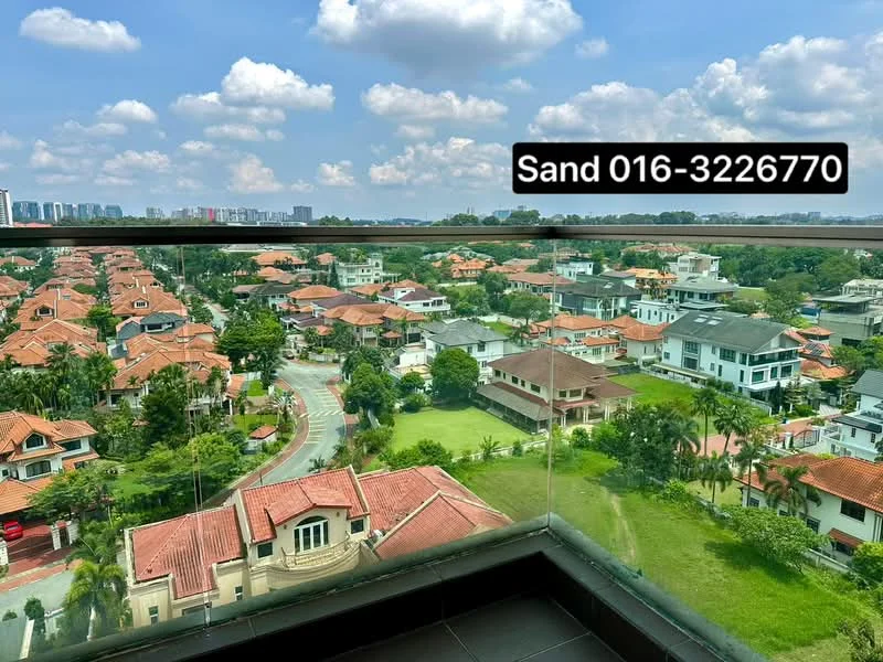 Exterior features: city skyline view, residential neighborhood, red tiled roofs, manicured lawns, paved roads, green landscaping, multiple houses visible, clear blue sky, sunny weather; style: modern.