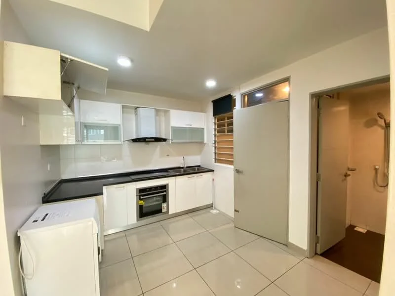 Kitchen features: white cabinetry, black countertop, stainless-steel sink, chrome pull-down faucet, built-in oven, 4-burner gas hob, stainless-steel range hood, microwave, refrigerator, ceramic tile flooring, recessed downlights, window with wooden grille, sliding door, shower area with glass partition; style: modern.