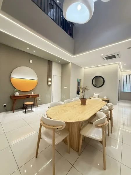 Dining features: oval wooden dining table, 8 white upholstered dining chairs, grey painted walls, white ceiling with recessed lighting, pendant light fixture, decorative circular mirror, decorative wall art with orange accent, air conditioning unit, glossy white tile flooring, console table against the wall, decorative plant in pot; style: modern.