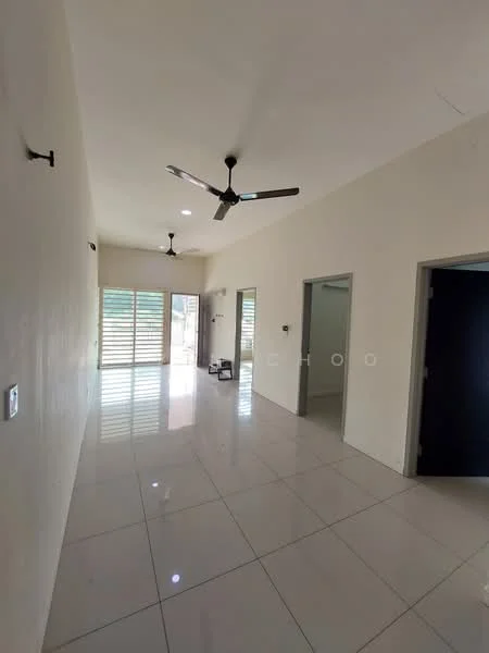 Room features: white painted walls, glossy white tile flooring, 2 ceiling fans, sliding glass door, window with horizontal blinds, doorway to adjacent rooms, neutral color scheme, open layout; style: modern; view: garden.