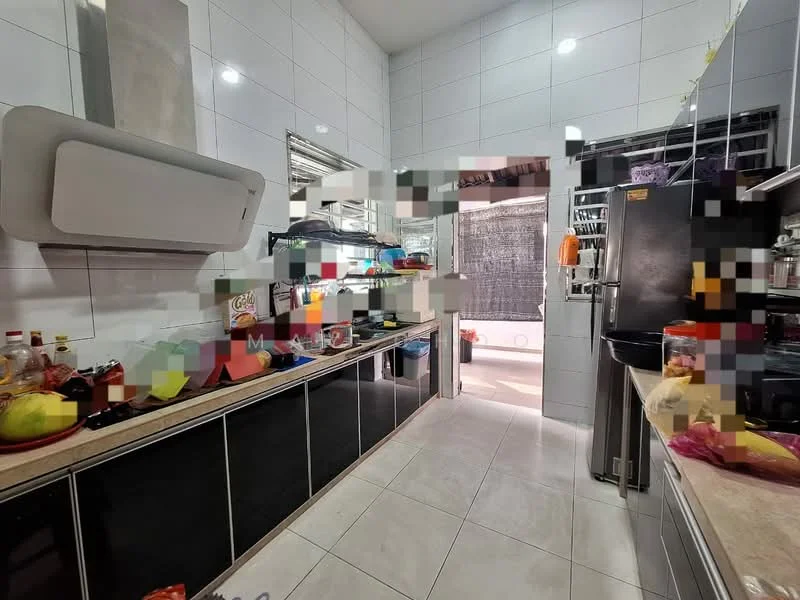 Kitchen features: white tiled walls, light grey tiled flooring, stainless-steel range hood, black refrigerator, black kitchen cabinets, white countertop, sink, multiple storage containers, fruit bowl, kitchen utensils, window with view to outdoor area, open shelving, wall-mounted air conditioning unit; style: modern.