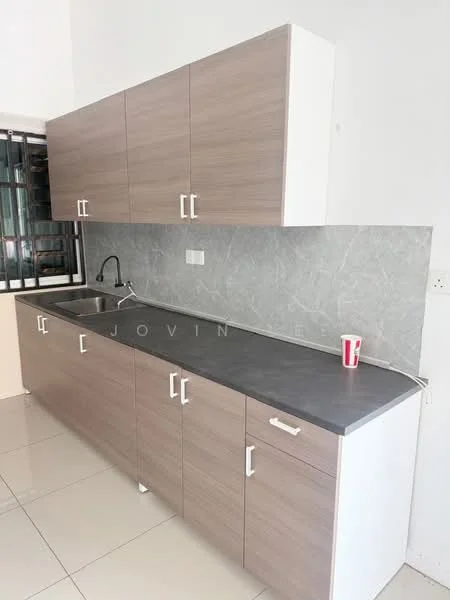 Kitchen features: laminate cabinetry in light wood finish, grey stone countertop, single-bowl stainless-steel sink, chrome pull-down faucet, white tiled backsplash, white walls, ceramic tile flooring, window with security bars, cupboard handles in silver finish, plastic cup on countertop; style: modern.