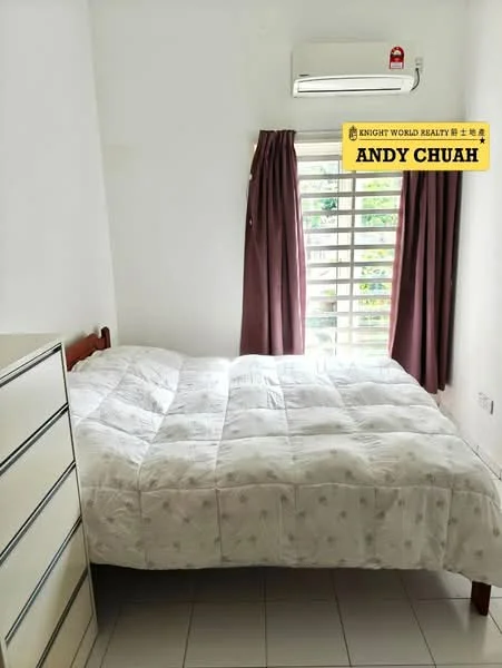 Bedroom features: queen-size bed with white bedding, white walls, tile flooring, window with brown curtains, air conditioning unit, wooden bed frame, chest of drawers, natural light from window.
