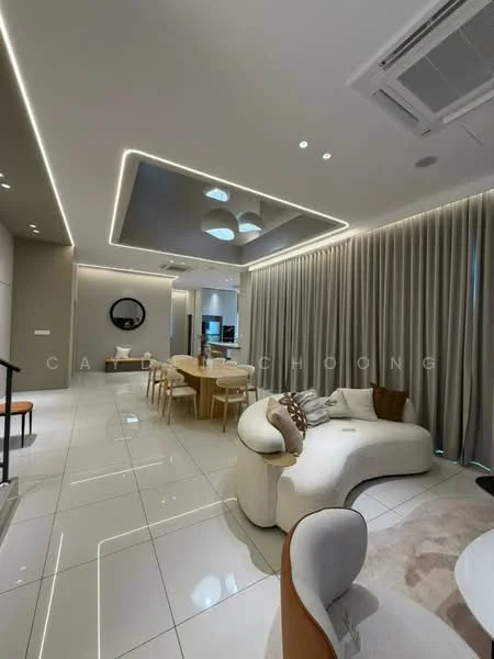 Living features: white walls, recessed ceiling with integrated LED lighting, pendant lights, large floor-to-ceiling windows, cream fabric sofa, round dining table, wooden dining chairs, polished tile flooring, decorative wall mirror, curtains, air conditioning unit, area rug with circular pattern; style: modern.