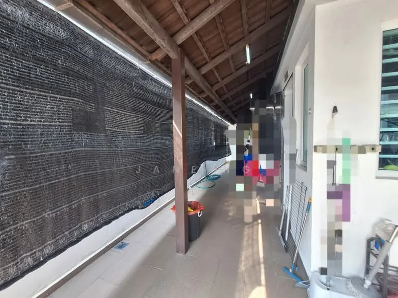 Room features: tiled flooring, wooden ceiling with beams, exposed rafters, black privacy screen, utility area, storage bins, hose reel, laundry equipment, wall-mounted hooks.