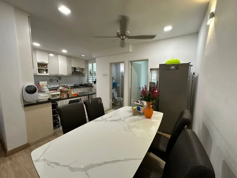 Dining features: marble dining table, 4 black upholstered dining chairs, ceiling fan with light, white painted walls, wooden flooring, refrigerator, kitchen counter with cabinets, kitchen appliances visible, decorative vase with flowers, orange fruit bowl; style: modern. Kitchen features: white cabinetry, stainless-steel sink, built-in stove, kitchen appliances visible, countertop with storage; style: modern.