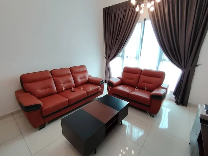 Living features: red leather 3-seater sofa, red leather 2-seater sofa, black coffee table, white painted walls, floor-to-ceiling windows, sheer curtains, dark curtains, glossy tile flooring, chandelier with multiple bulbs; style: modern; view: city.