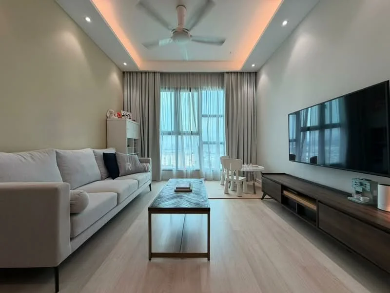 Living features: light grey fabric sofa, wooden coffee table, TV console with storage, wall-mounted flat-screen TV, ceiling fan with light, recessed LED downlights, floor-to-ceiling windows, sheer curtains, light wood flooring, decorative wall art, small round dining table with chairs; style: modern; view: city.