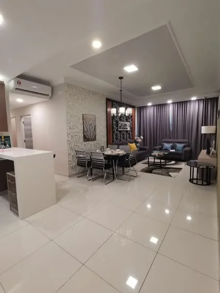 Living features: white painted walls, cream accent wall with decorative paneling, recessed ceiling with downlights, 5-blade ceiling fan with light, floor-to-ceiling windows with sheer curtains, grey fabric sofa, coffee table, TV console, wall-mounted TV, area rug, dining table with 6 chairs, marble tile flooring, air conditioning unit; style: modern.