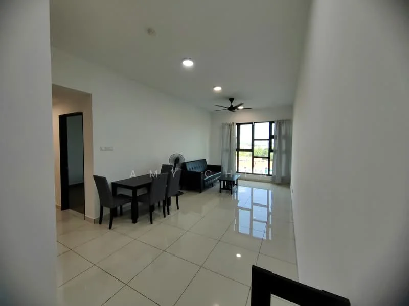 Living features: white painted walls, glossy ceramic tile flooring, 5-blade ceiling fan with light, floor-to-ceiling windows, sheer curtains, black leather sofa, glass coffee table, 4-seater dining table with chairs, decorative wall, natural light from windows; style: modern; view: city.