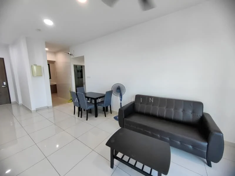 Living features: black leather sofa, coffee table with black surface, white painted walls, glossy white tile flooring, ceiling fan, dining table with four black chairs, open layout, natural light from adjacent room; style: modern.