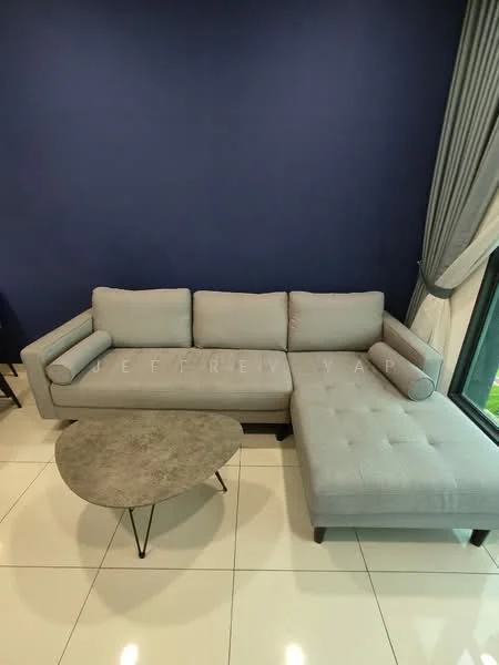 Living features: grey fabric sectional sofa, coffee table with round top, white tiled flooring, blue accent wall, floor-to-ceiling windows, sheer curtains, decorative cushions; style: modern; view: garden.