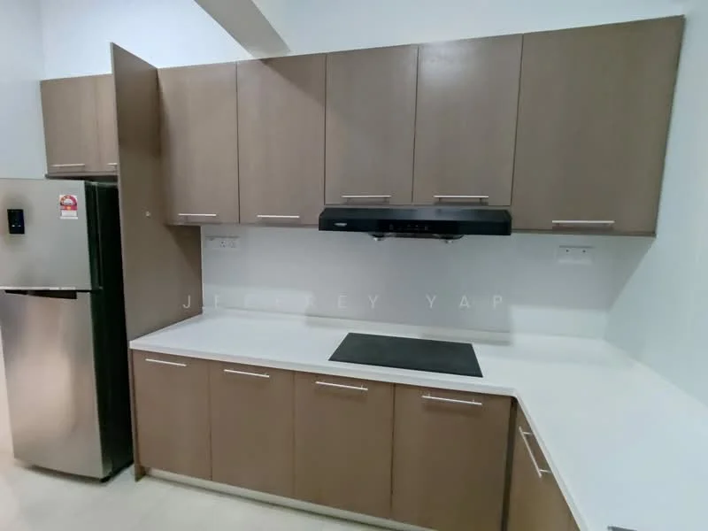 Kitchen features: brown flat-panel cabinets, white quartz countertop, black built-in cooktop, stainless-steel range hood, stainless-steel fridge, white tiled backsplash, under-cabinet lighting, single-bowl stainless-steel sink; style: modern.