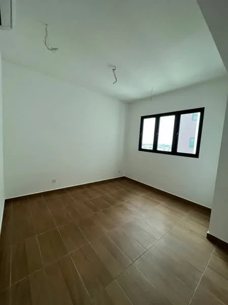 Room features: white painted walls, tile flooring in brown, floor-to-ceiling windows with black frames, no visible ceiling fixtures, unfurnished space.